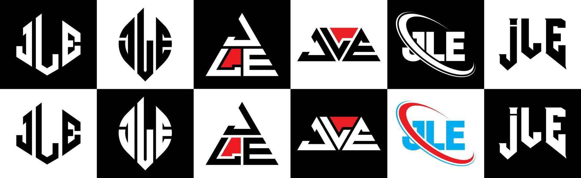 JLE letter logo design in six style. JLE polygon, circle, triangle, hexagon, flat and simple style with black and white color variation letter logo set in one artboard. JLE minimalist and classic logo vector