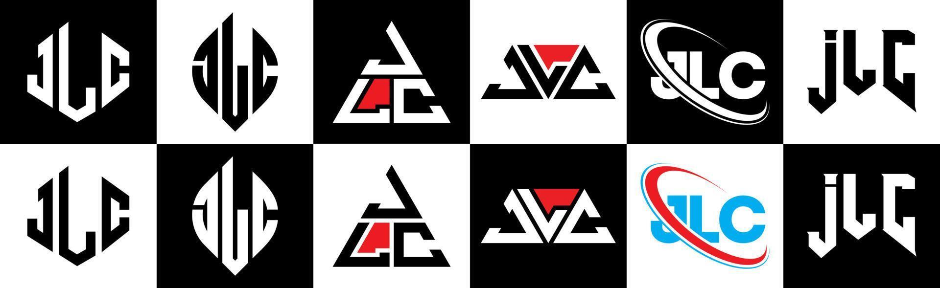 JLC letter logo design in six style. JLC polygon circle triangle hexagon flat and simple style