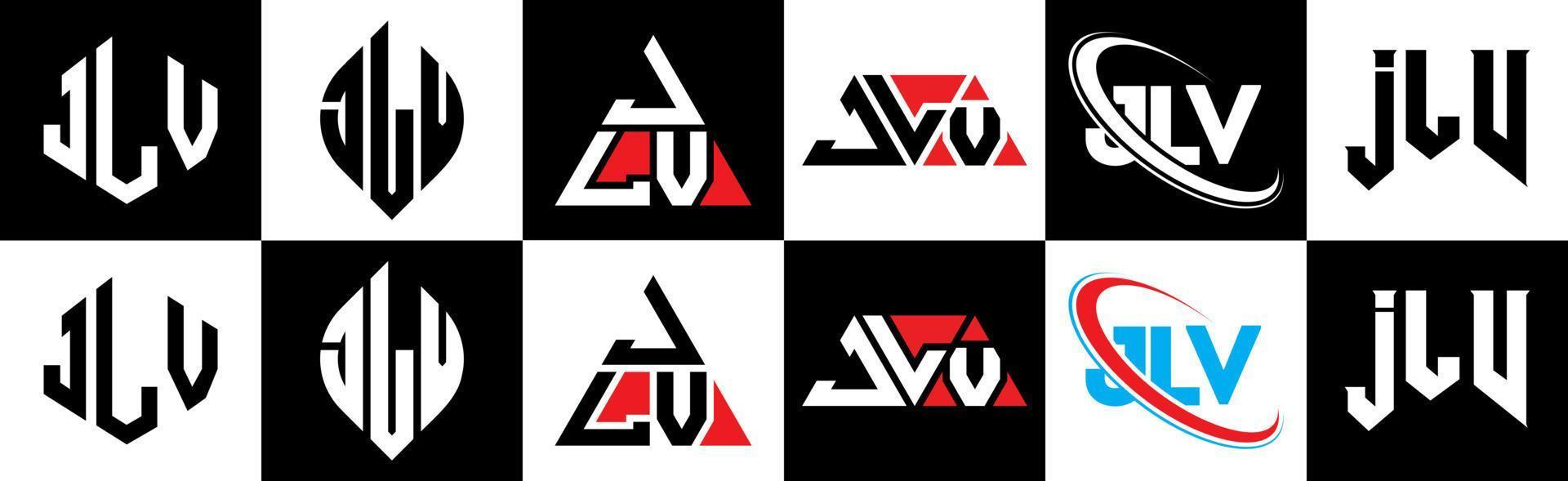 Diseño de logotipo de letra jlv en seis estilos. jlv polígono, círculo, triángulo, hexágono, estilo plano y simple con logotipo de letra de variación de color blanco y negro en una mesa de trabajo. logotipo minimalista y clásico de jlv vector