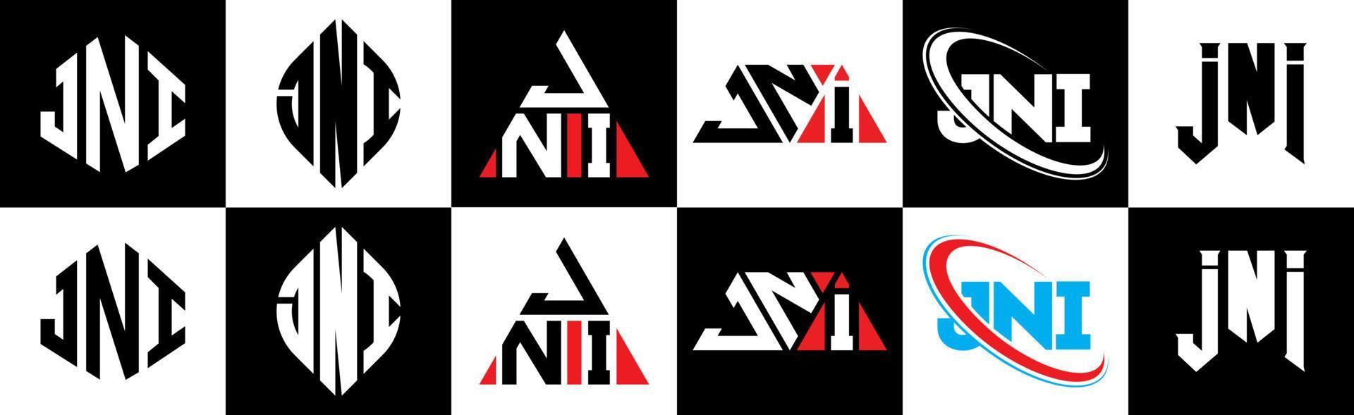 JNI letter logo design in six style. JNI polygon, circle, triangle, hexagon, flat and simple style with black and white color variation letter logo set in one artboard. JNI minimalist and classic logo vector