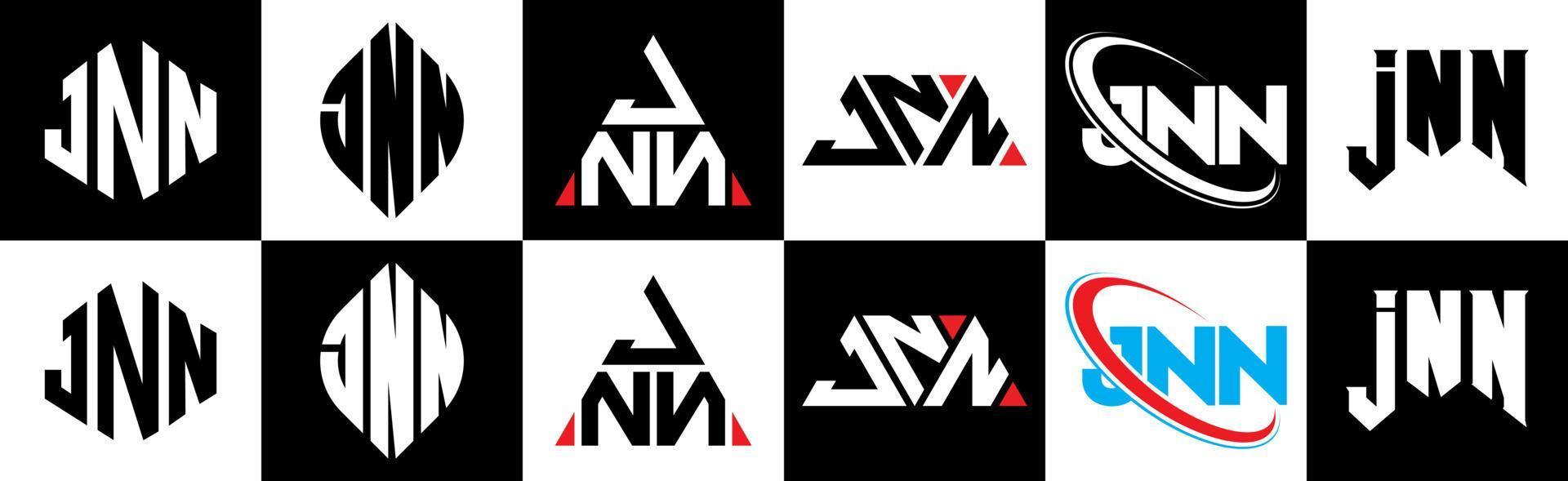 diseño de logotipo de letra jnn en seis estilos. jnn polígono, círculo, triángulo, hexágono, estilo plano y simple con logotipo de letra de variación de color blanco y negro en una mesa de trabajo. jnn logo minimalista y clásico vector