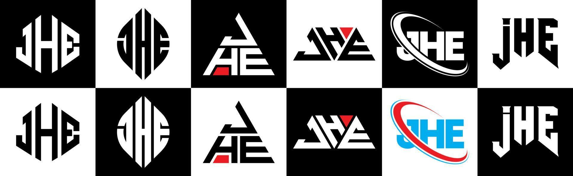 JHE letter logo design in six style. JHE polygon, circle, triangle, hexagon, flat and simple style with black and white color variation letter logo set in one artboard. JHE minimalist and classic logo vector