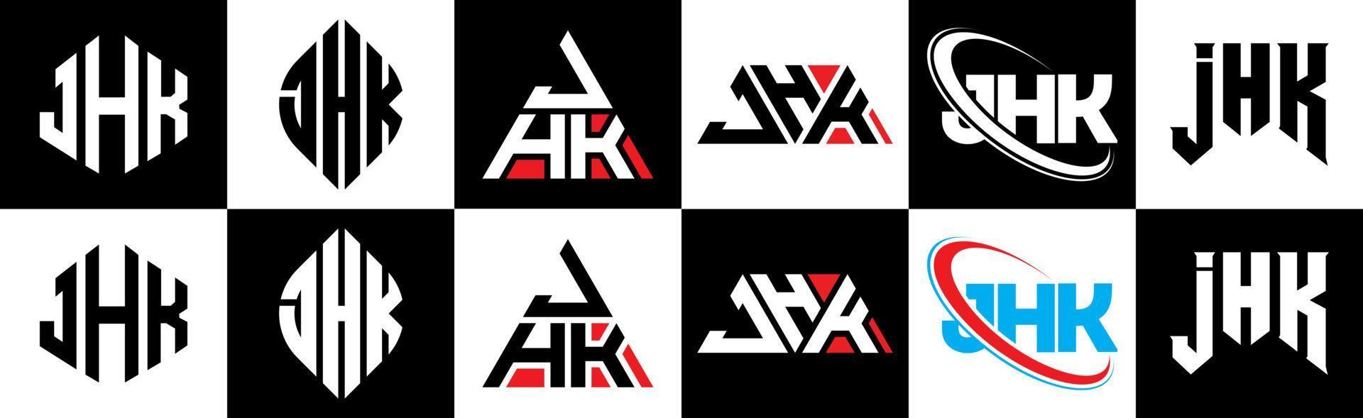 diseño de logotipo de letra jhk en seis estilos. jhk polígono, círculo, triángulo, hexágono, estilo plano y simple con logotipo de letra de variación de color blanco y negro en una mesa de trabajo. jhk logotipo minimalista y clásico vector