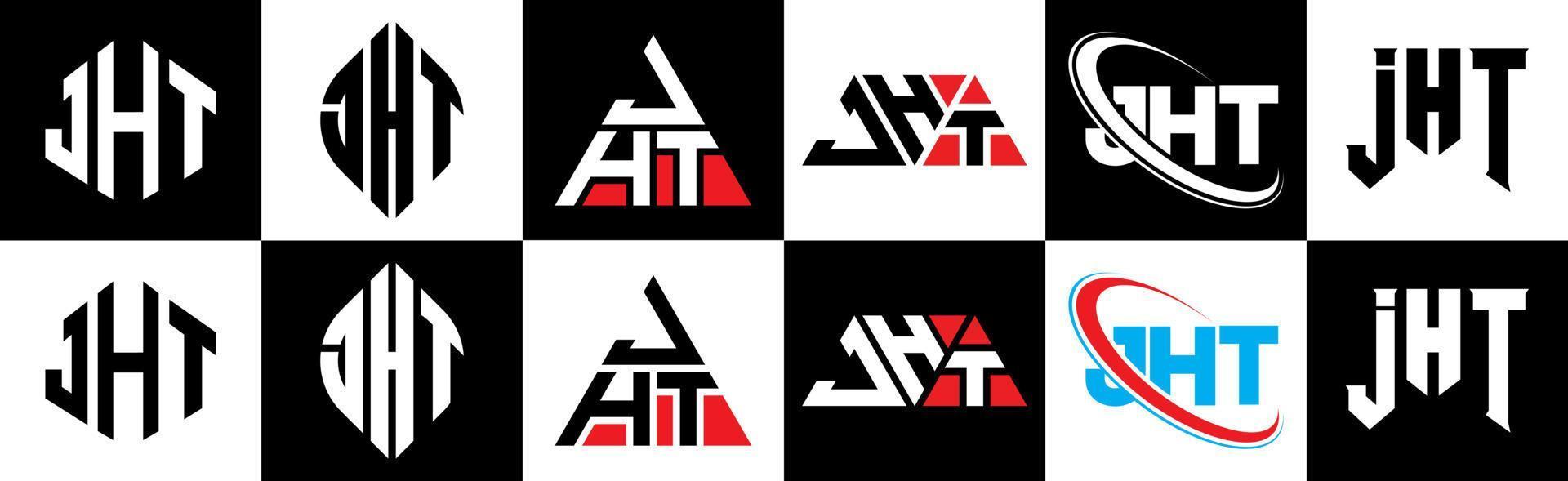 JHT letter logo design in six style. JHT polygon, circle, triangle, hexagon, flat and simple style with black and white color variation letter logo set in one artboard. JHT minimalist and classic logo vector