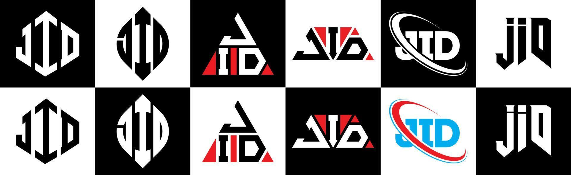 JID letter logo design in six style. JID polygon, circle, triangle, hexagon, flat and simple style with black and white color variation letter logo set in one artboard. JID minimalist and classic logo vector