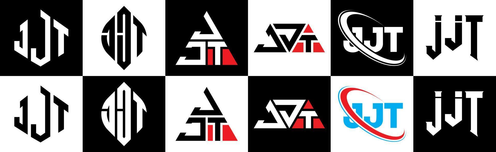 Diseño de logotipo de letra jjt en seis estilos. jjt polígono, círculo, triángulo, hexágono, estilo plano y simple con logotipo de letra de variación de color blanco y negro en una mesa de trabajo. jjt logotipo minimalista y clásico vector