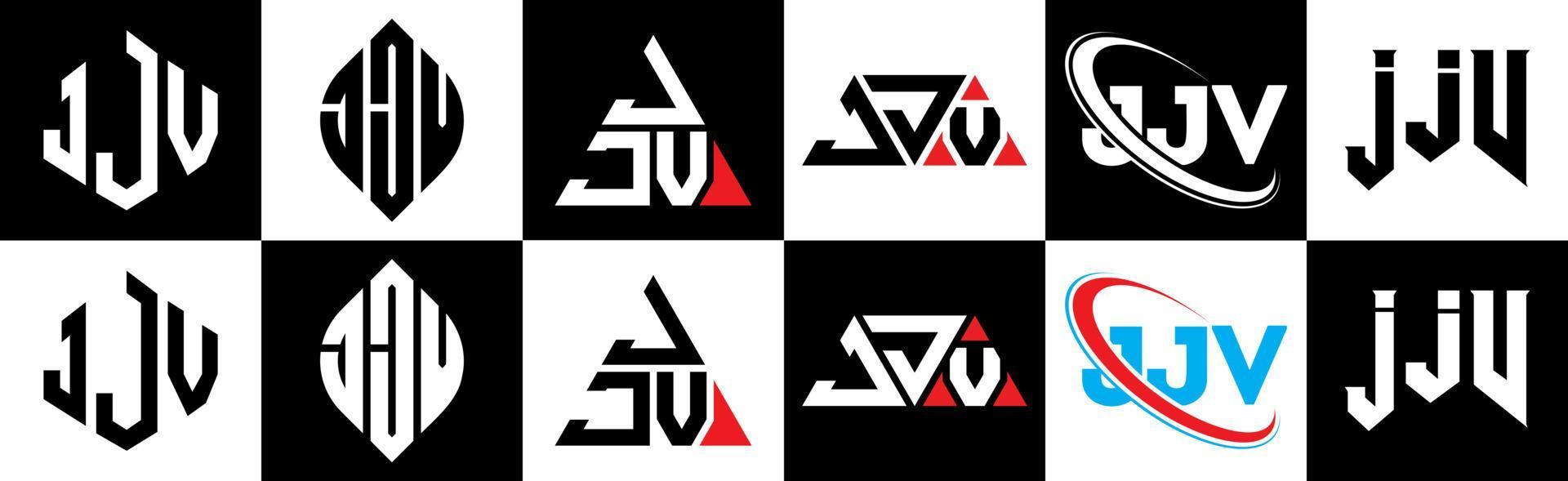 Diseño de logotipo de letra jjv en seis estilos. jjv polígono, círculo, triángulo, hexágono, estilo plano y simple con logotipo de letra de variación de color blanco y negro en una mesa de trabajo. jjv logotipo minimalista y clásico vector