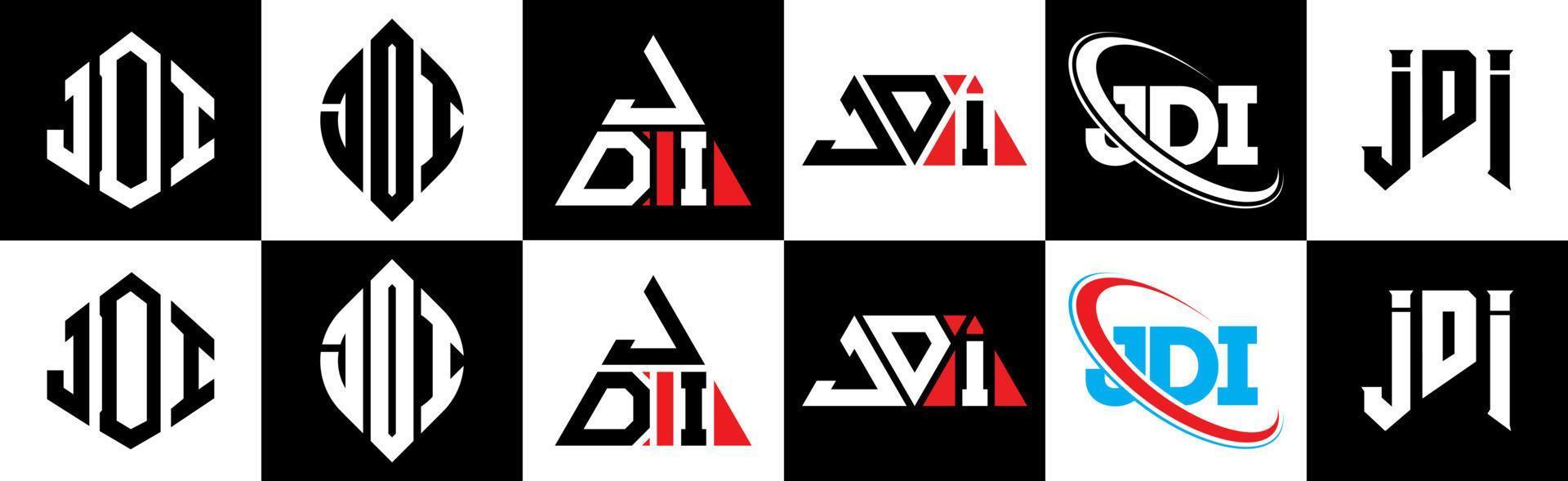 JDI letter logo design in six style. JDI polygon, circle, triangle, hexagon, flat and simple style with black and white color variation letter logo set in one artboard. JDI minimalist and classic logo vector