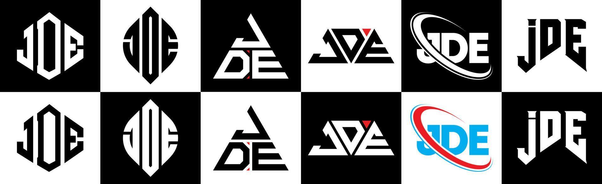 diseño de logotipo de letra jde en seis estilos. jde polígono, círculo, triángulo, hexágono, estilo plano y simple con logotipo de letra de variación de color blanco y negro en una mesa de trabajo. jde logotipo minimalista y clásico vector