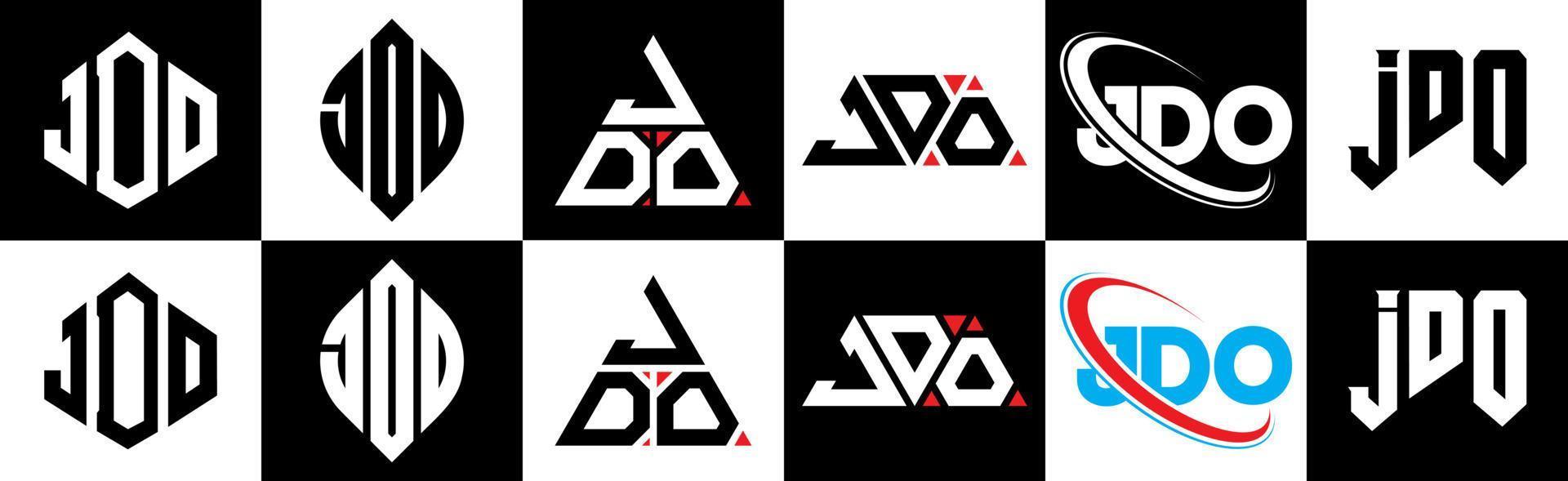 diseño de logotipo de letra jdo en seis estilos. jdo polígono, círculo, triángulo, hexágono, estilo plano y simple con logotipo de letra de variación de color blanco y negro en una mesa de trabajo. logotipo minimalista y clásico de jdo vector