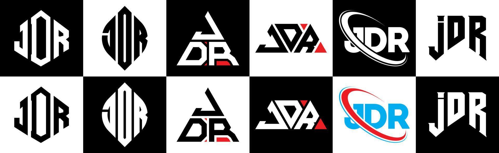 diseño de logotipo de letra jdr en seis estilos. jdr polígono, círculo, triángulo, hexágono, estilo plano y simple con logotipo de letra de variación de color blanco y negro en una mesa de trabajo. jdr logotipo minimalista y clásico vector