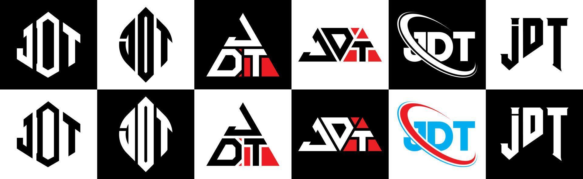 JDT letter logo design in six style. JDT polygon, circle, triangle, hexagon, flat and simple style with black and white color variation letter logo set in one artboard. JDT minimalist and classic logo vector