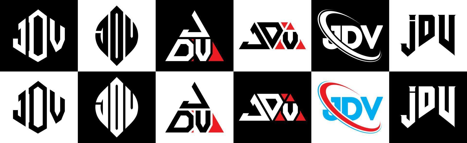 diseño de logotipo de letra jdv en seis estilos. jdv polígono, círculo, triángulo, hexágono, estilo plano y simple con logotipo de letra de variación de color blanco y negro en una mesa de trabajo. logotipo minimalista y clásico de jdv vector