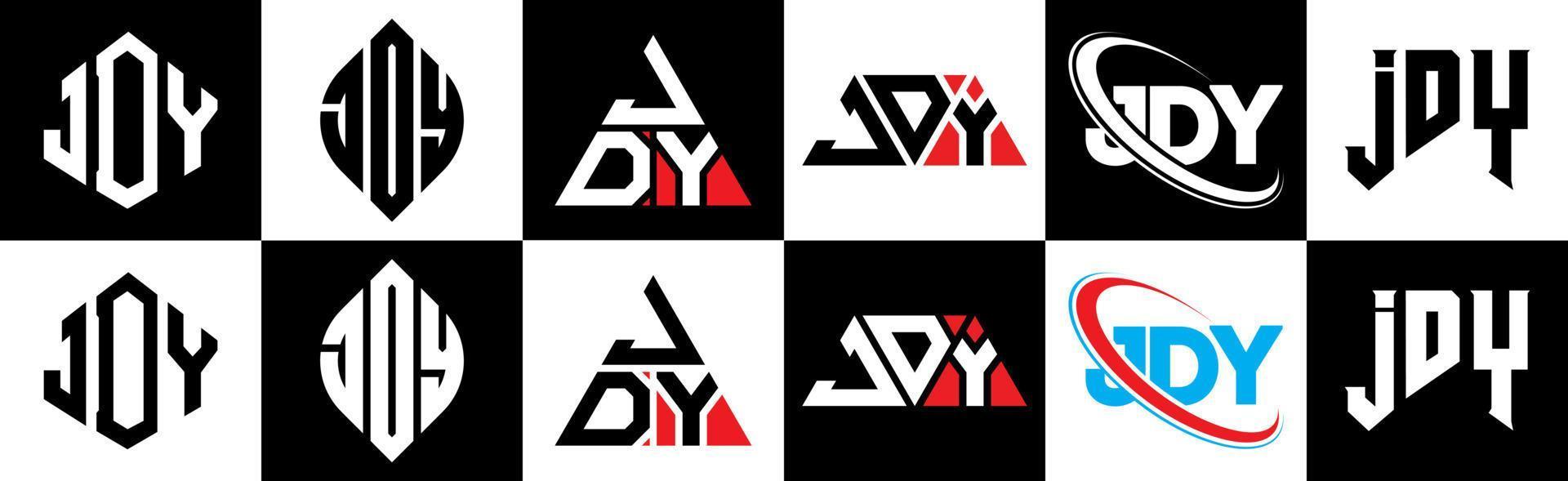 diseño de logotipo de letra jdy en seis estilos. jdy polígono, círculo, triángulo, hexágono, estilo plano y simple con logotipo de letra de variación de color blanco y negro en una mesa de trabajo. logotipo minimalista y clásico de jdy vector