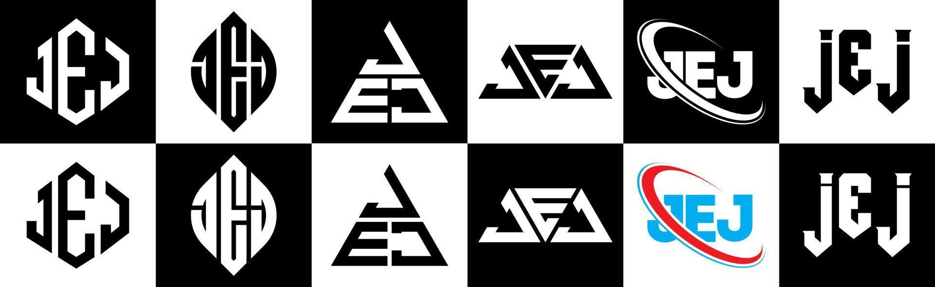 JEJ letter logo design in six style. JEJ polygon, circle, triangle, hexagon, flat and simple style with black and white color variation letter logo set in one artboard. JEJ minimalist and classic logo vector