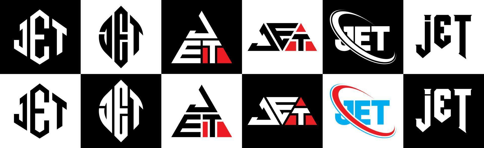 diseño de logotipo de letra jet en seis estilos. polígono de chorro, círculo, triángulo, hexágono, estilo plano y simple con logotipo de letra de variación de color blanco y negro en una mesa de trabajo. Jet logo minimalista y clásico. vector