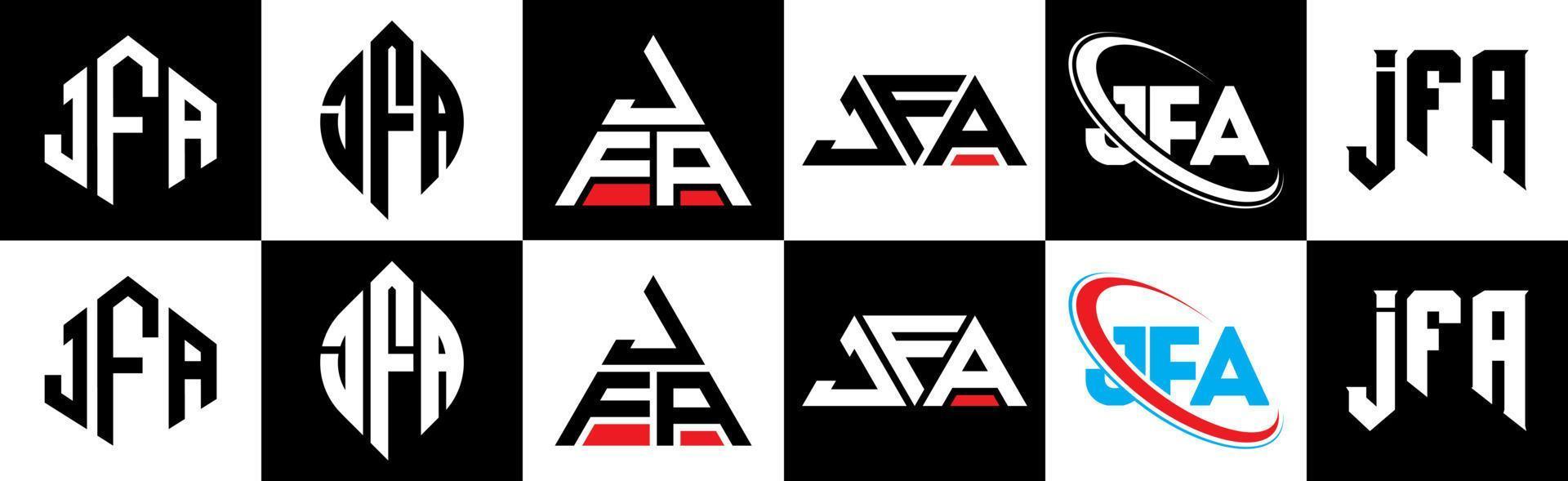 JFA letter logo design in six style. JFA polygon, circle, triangle, hexagon, flat and simple style with black and white color variation letter logo set in one artboard. JFA minimalist and classic logo vector
