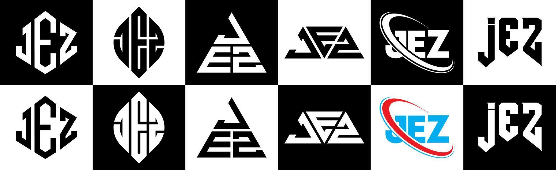 JEZ letter logo design in six style. JEZ polygon, circle, triangle, hexagon, flat and simple style with black and white color variation letter logo set in one artboard. JEZ minimalist and classic logo vector
