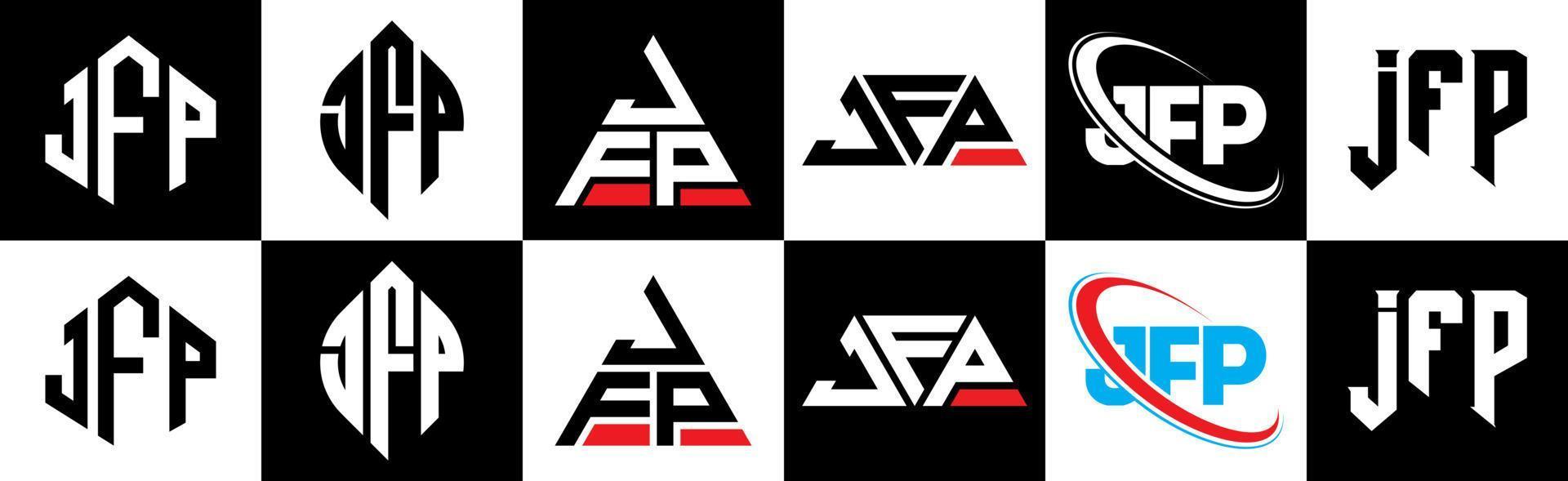 JFP letter logo design in six style. JFP polygon, circle, triangle, hexagon, flat and simple style with black and white color variation letter logo set in one artboard. JFP minimalist and classic logo vector