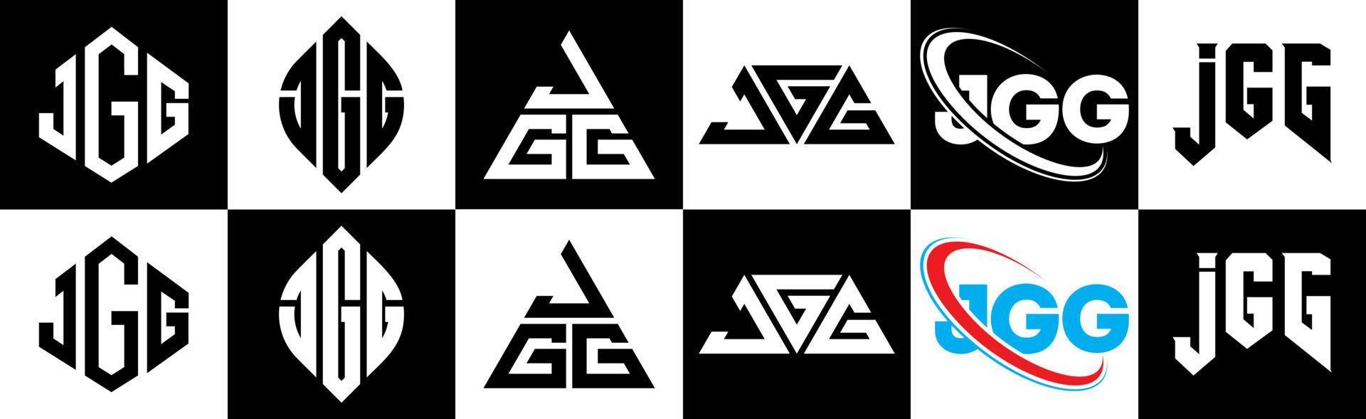 diseño de logotipo de letra jgg en seis estilos. jgg polígono, círculo, triángulo, hexágono, estilo plano y simple con logotipo de letra de variación de color blanco y negro en una mesa de trabajo. logotipo minimalista y clásico de jgg vector