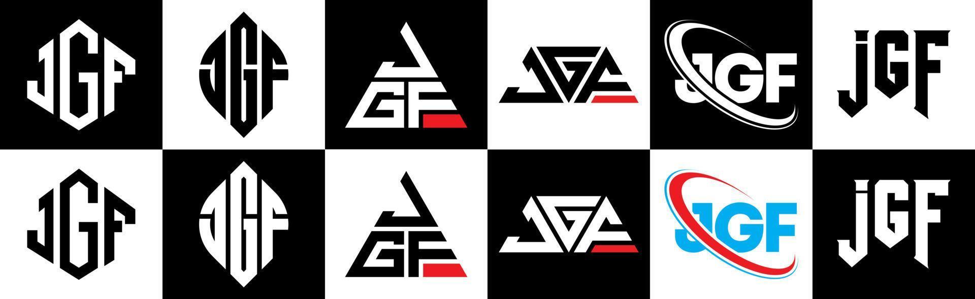 JGF letter logo design in six style. JGF polygon, circle, triangle, hexagon, flat and simple style with black and white color variation letter logo set in one artboard. JGF minimalist and classic logo vector