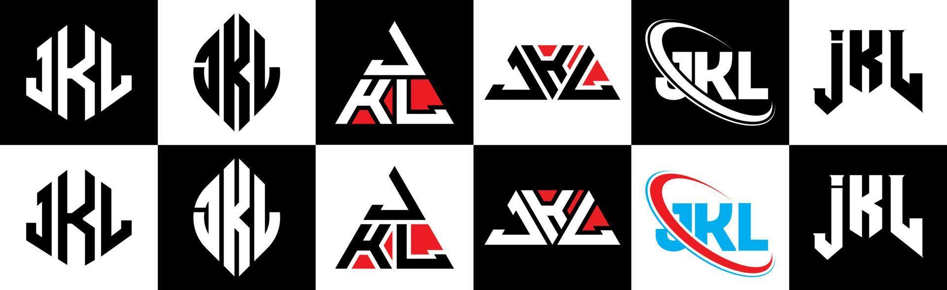 Diseño de logotipo de letra jkl en seis estilos. jkl polígono, círculo, triángulo, hexágono, estilo plano y simple con logotipo de letra de variación de color blanco y negro en una mesa de trabajo. logotipo minimalista y clásico de jkl vector