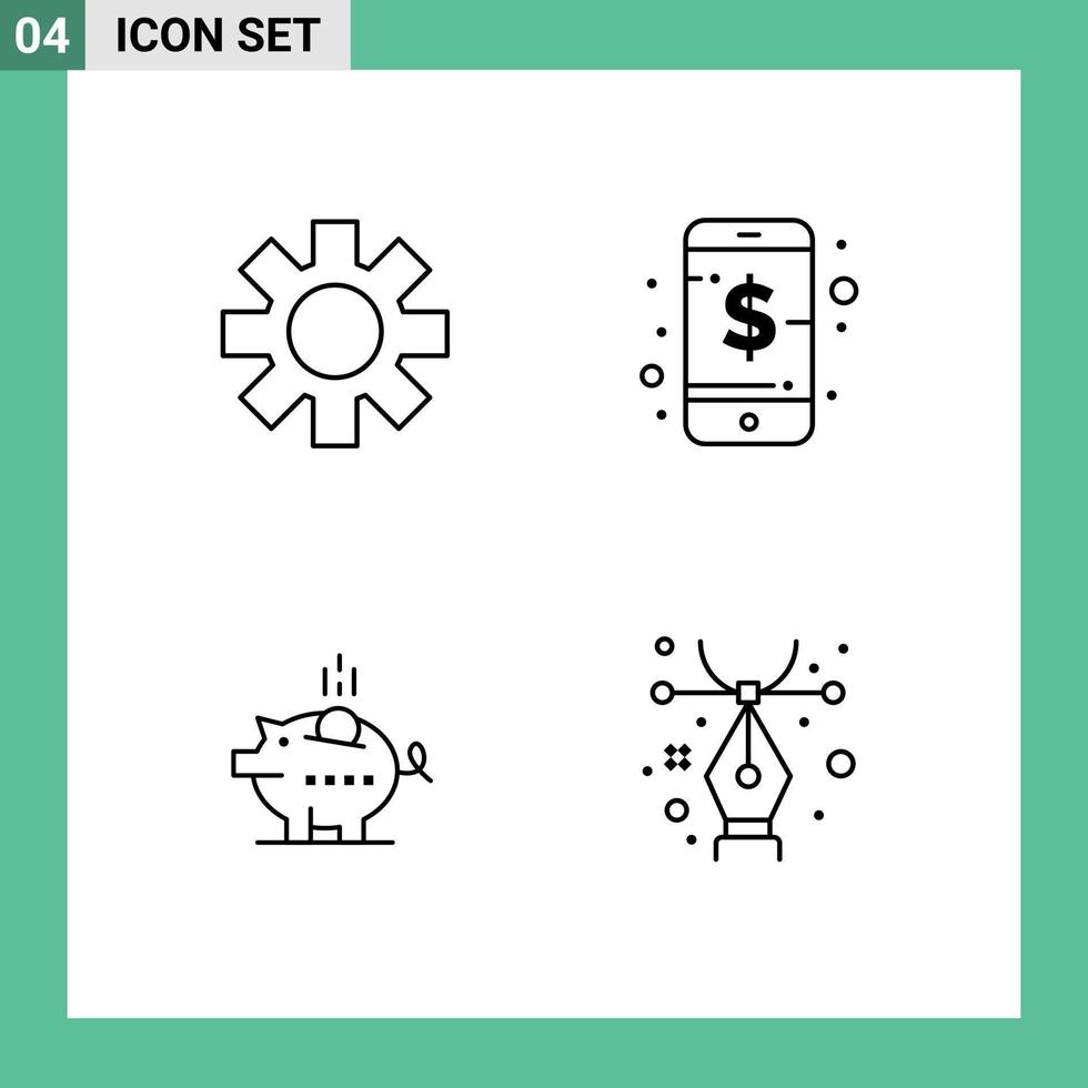 Set of 4 Modern UI Icons Symbols Signs for setting piggy business smart savings Editable Vector Design Elements