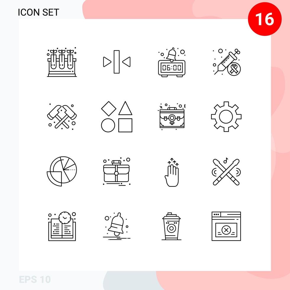 Editable Vector Line Pack of 16 Simple Outlines of firefighter axe alarm injection day Editable Vector Design Elements