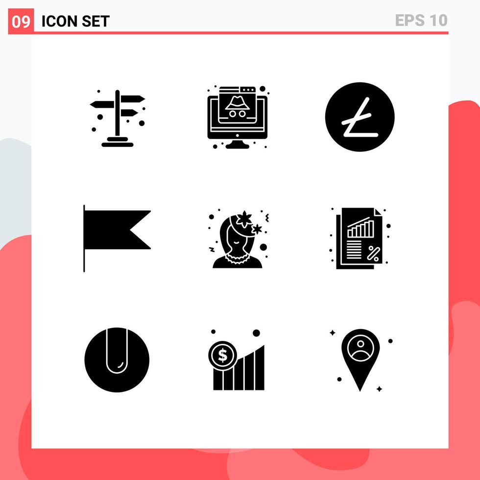 Mobile Interface Solid Glyph Set of 9 Pictograms of flower avatar hacker mark country Editable Vector Design Elements
