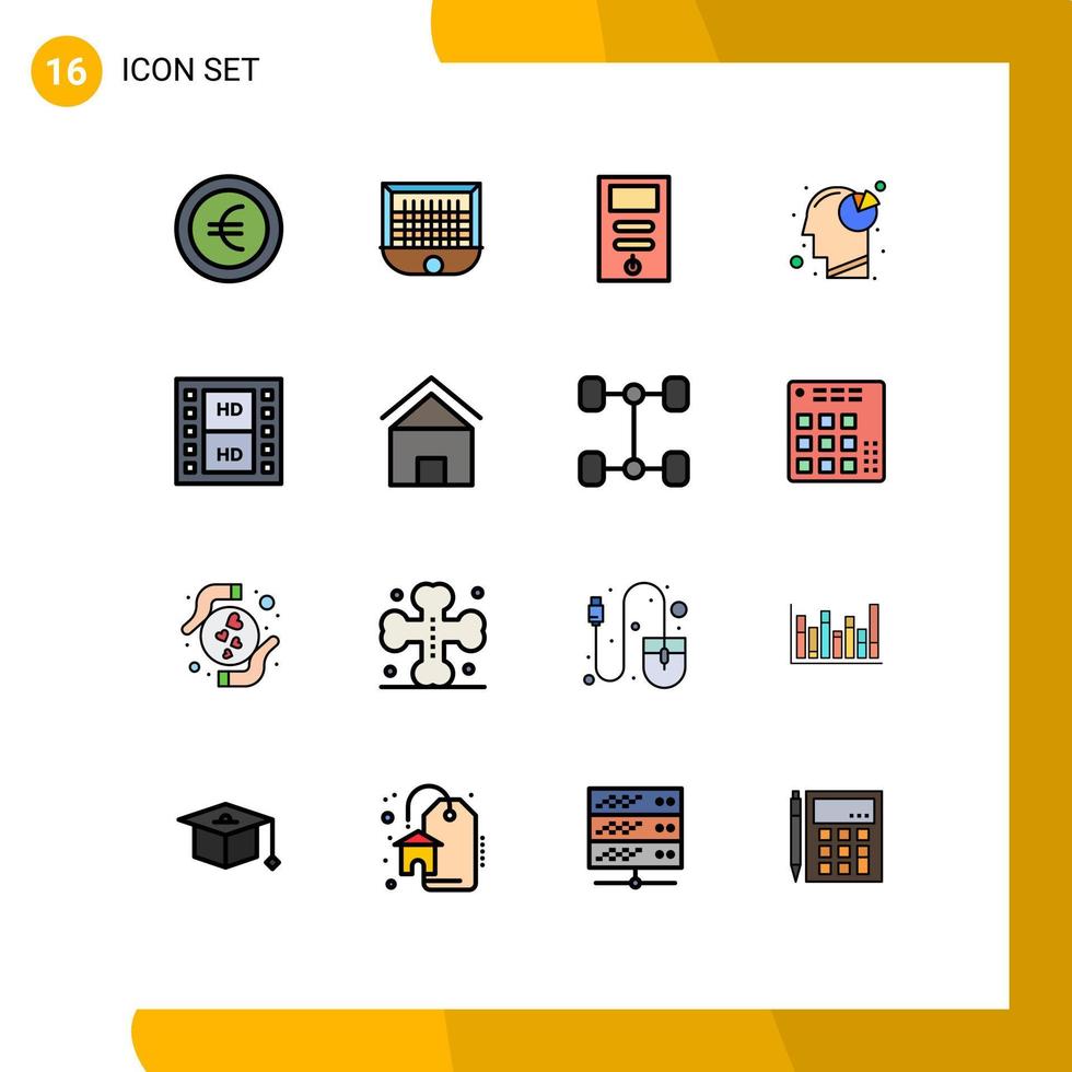 Set of 16 Modern UI Icons Symbols Signs for media pie chart computer head analysis Editable Creative Vector Design Elements