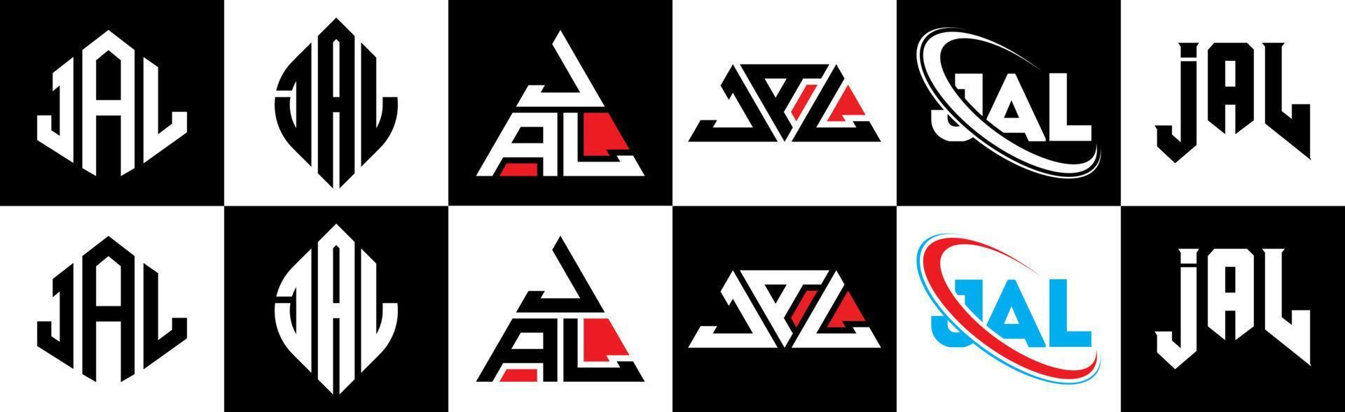 JAL letter logo design in six style. JAL polygon, circle, triangle, hexagon, flat and simple style with black and white color variation letter logo set in one artboard. JAL minimalist and classic logo vector