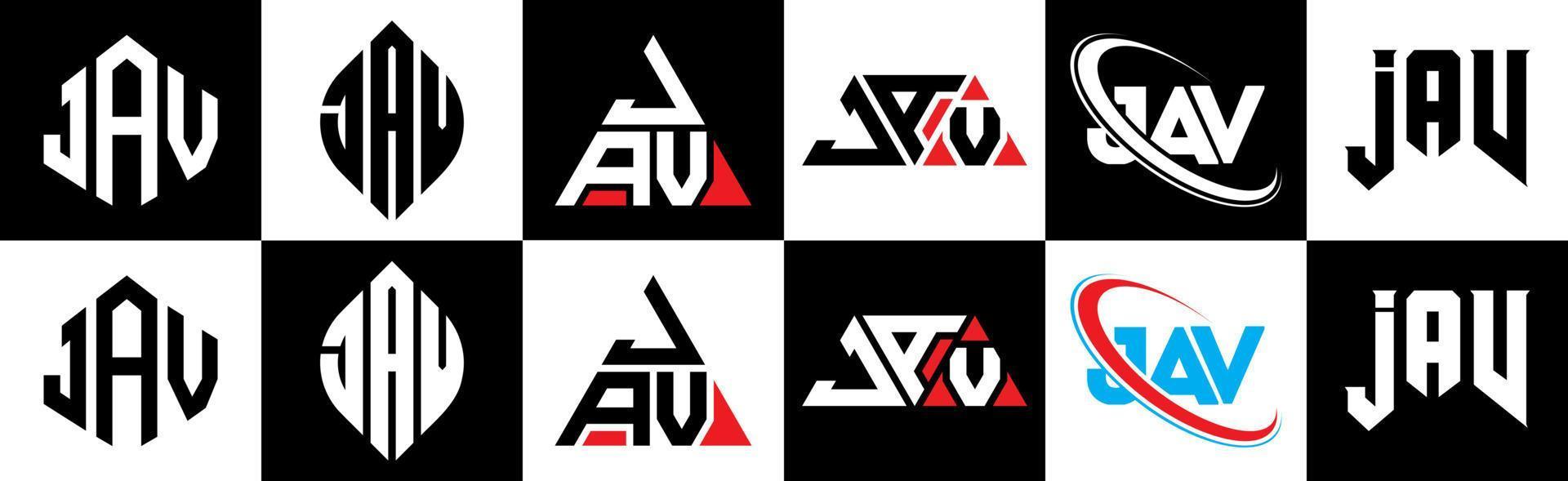 JAV letter logo design in six style. JAV polygon, circle, triangle, hexagon, flat and simple style with black and white color variation letter logo set in one artboard. JAV minimalist and classic logo vector