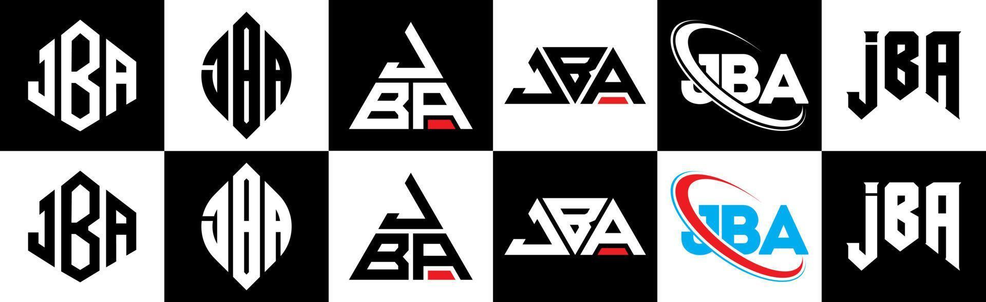 JBA letter logo design in six style. JBA polygon, circle, triangle, hexagon, flat and simple style with black and white color variation letter logo set in one artboard. JBA minimalist and classic logo vector