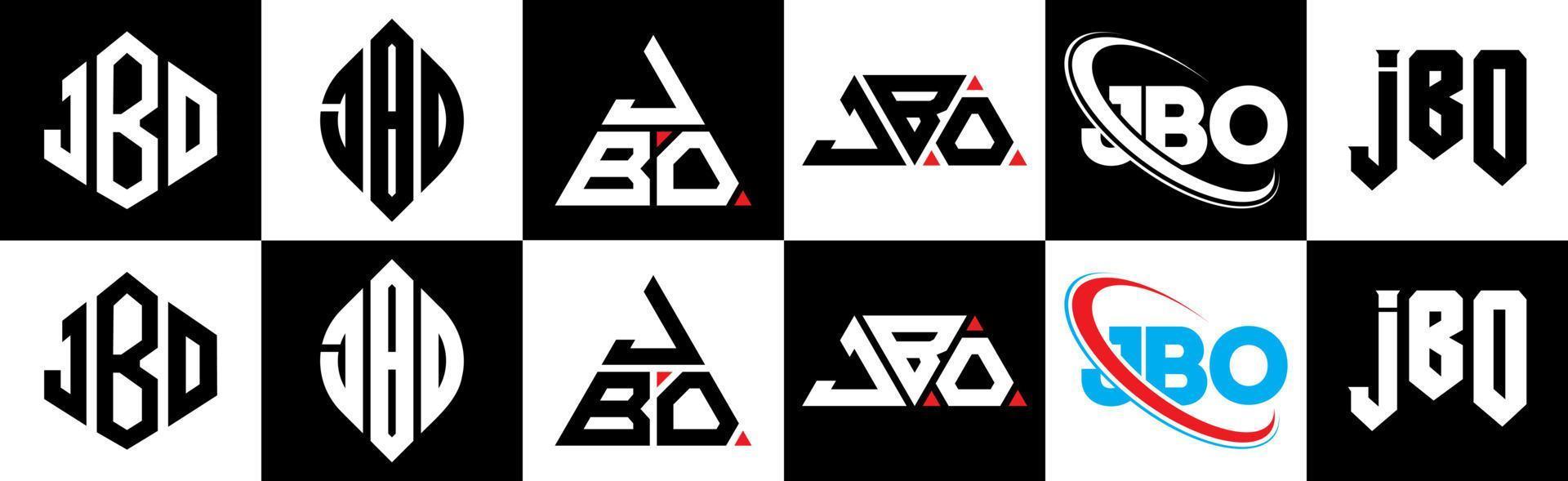 diseño de logotipo de letra jbo en seis estilos. jbo polígono, círculo, triángulo, hexágono, estilo plano y simple con logotipo de letra de variación de color blanco y negro en una mesa de trabajo. logotipo minimalista y clásico de jbo vector