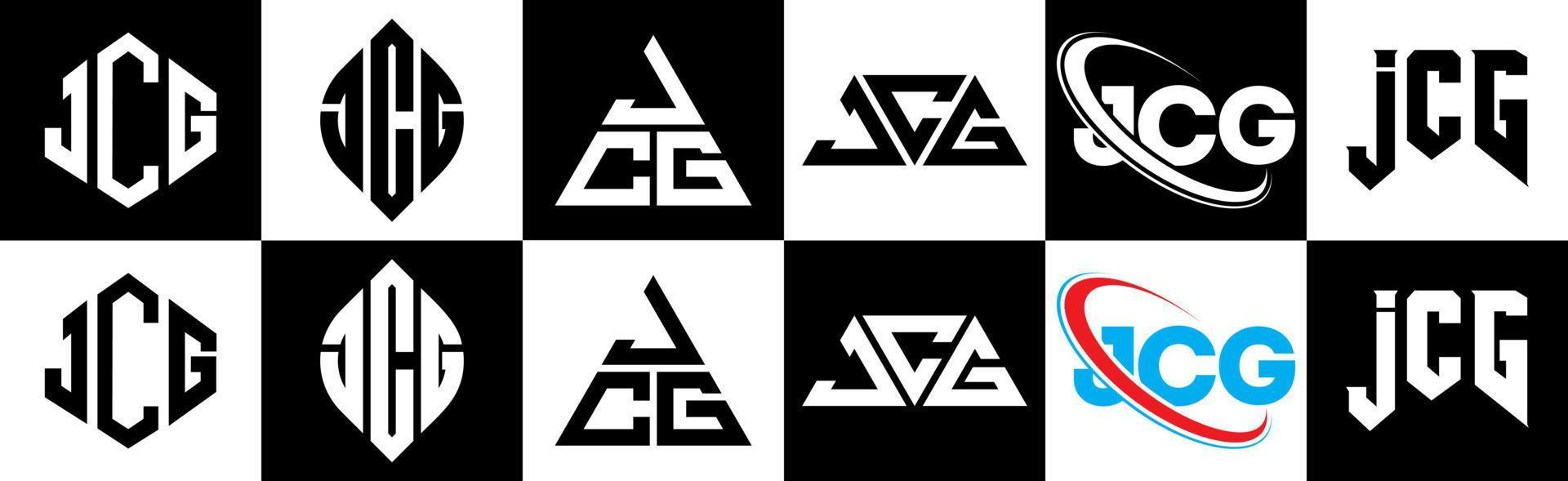 diseño de logotipo de letra jcg en seis estilos. jcg polígono, círculo, triángulo, hexágono, estilo plano y simple con logotipo de letra de variación de color blanco y negro en una mesa de trabajo. jcg logotipo minimalista y clásico vector