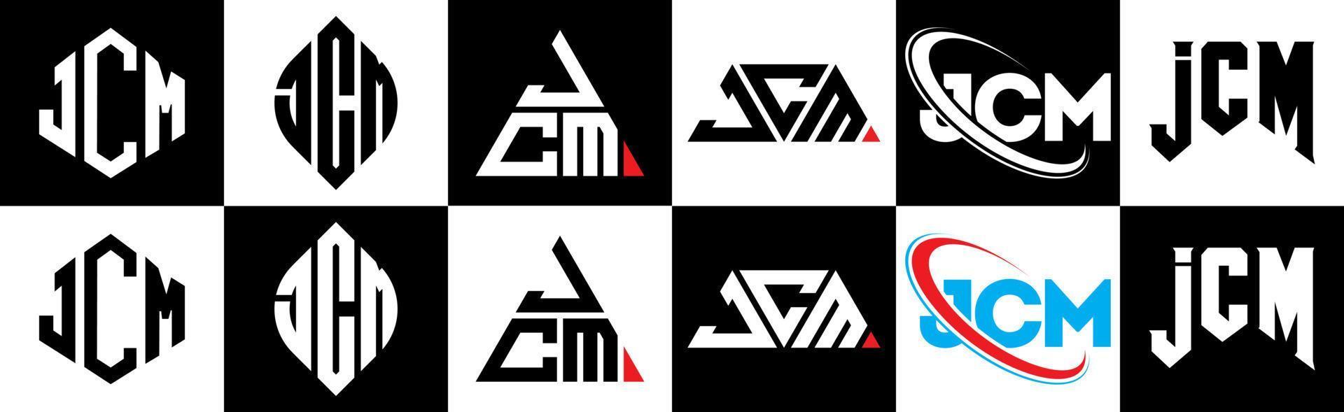 Diseño de logotipo de letra jcm en seis estilos. jcm polígono, círculo, triángulo, hexágono, estilo plano y simple con logotipo de letra de variación de color blanco y negro en una mesa de trabajo. logotipo minimalista y clásico de jcm vector