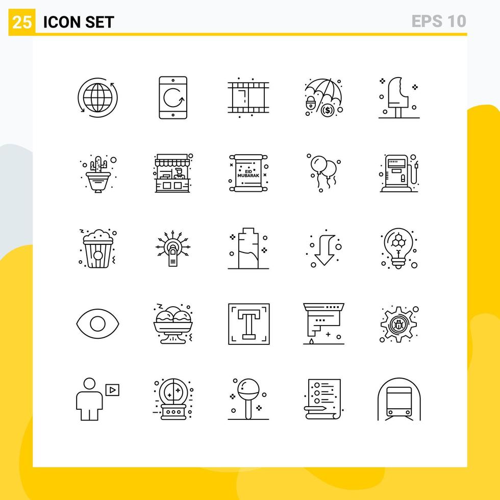 User Interface Pack of 25 Basic Lines of food hacker devices dollar protection video Editable Vector Design Elements