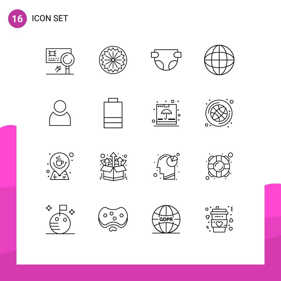 Pack of 16 Modern Outlines Signs and Symbols for Web Print Media such as battery user day avatar map Editable Vector Design Elements