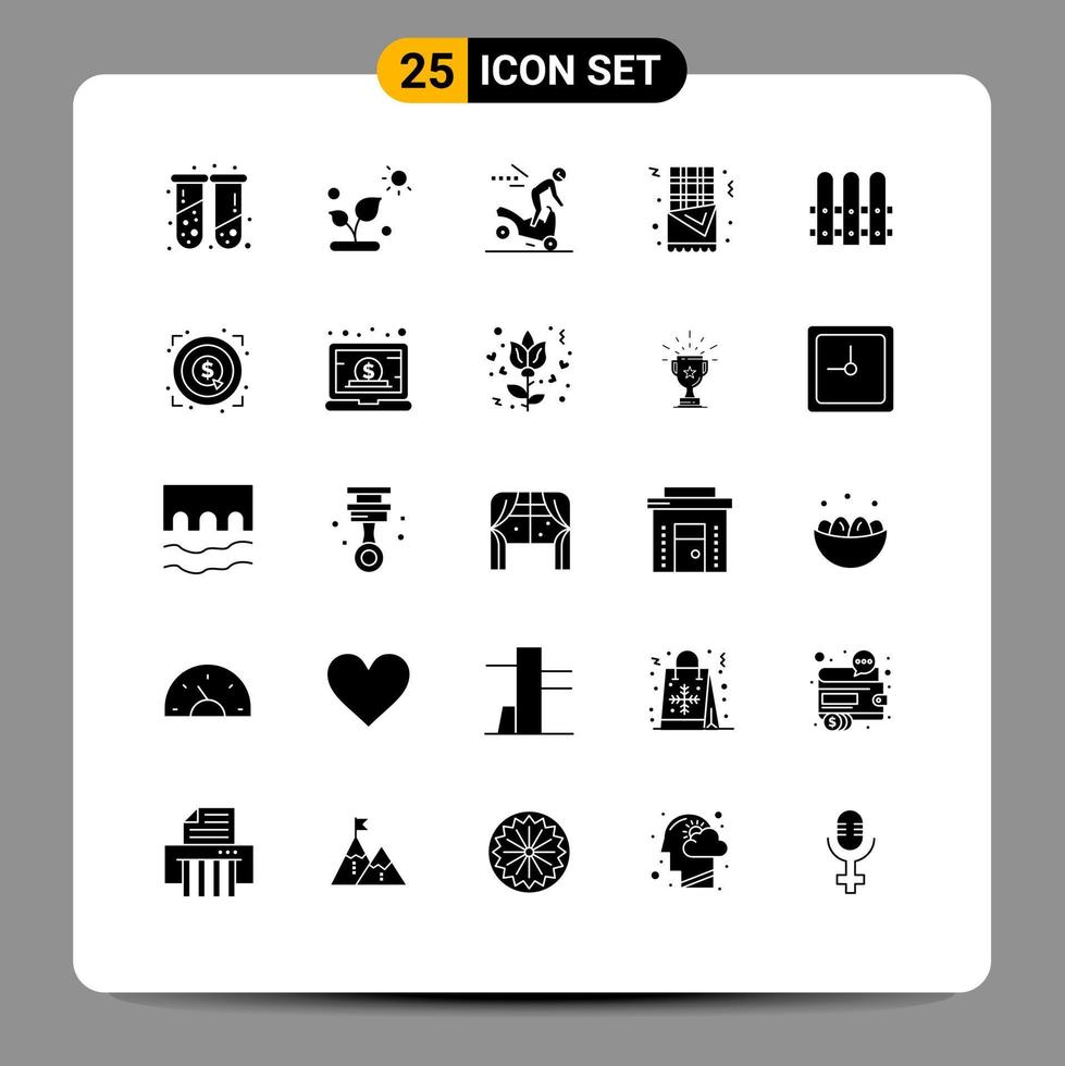 conjunto moderno de 25 glifos y símbolos sólidos, como elementos de diseño de vectores editables de churro de comida de accidente de construcción de casa