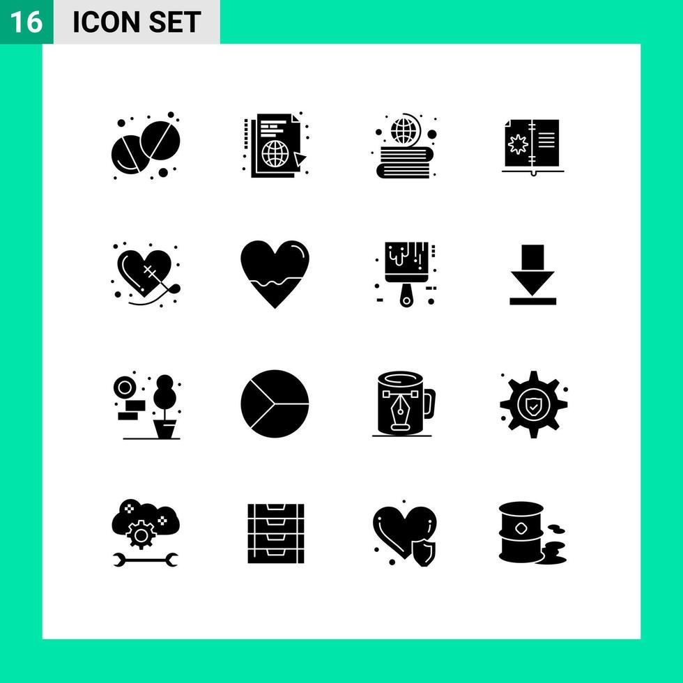 16 Solid Glyph concept for Websites Mobile and Apps heart instruction books hardware book Editable Vector Design Elements