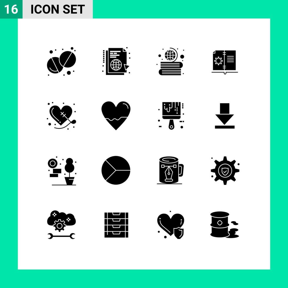 16 concepto de glifo sólido para sitios web móviles y aplicaciones libros de instrucciones del corazón libro de hardware elementos de diseño vectorial editables vector