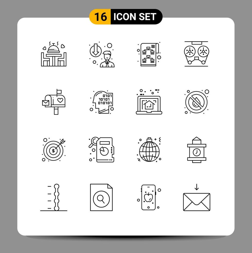 Modern Set of 16 Outlines Pictograph of mail box recorder planning record audio Editable Vector Design Elements