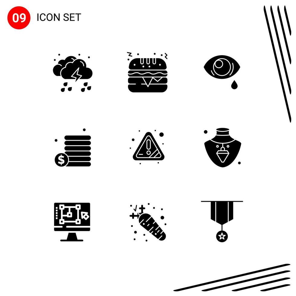 Editable Vector Line Pack of 9 Simple Solid Glyphs of attention alert eye money cash Editable Vector Design Elements