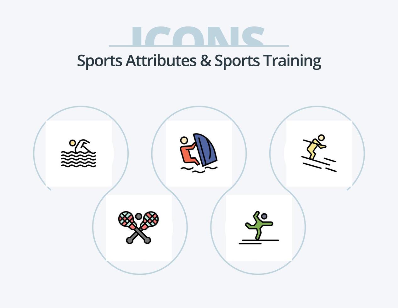 los atributos deportivos y la línea de entrenamiento deportivo llenan el paquete de iconos 5 diseño de iconos. patinar. gimnasia. fútbol. gimnástico. natación vector