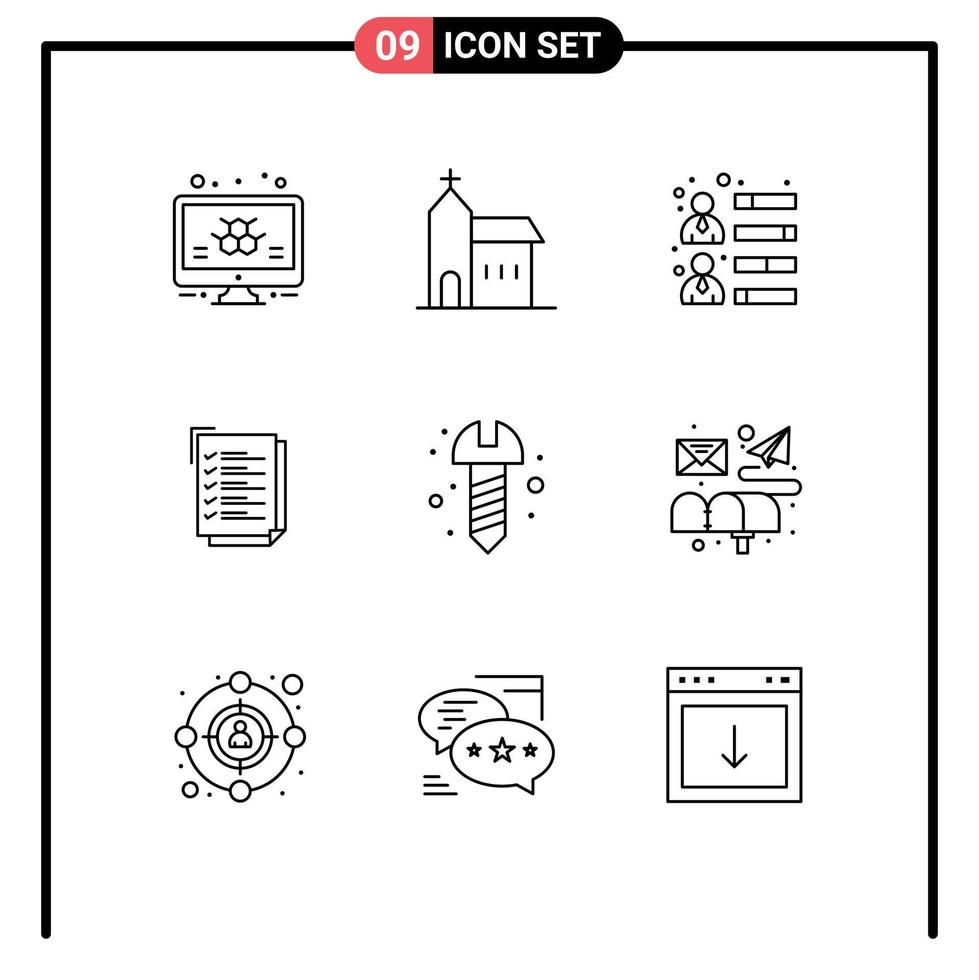 Modern Set of 9 Outlines Pictograph of diy work task monastery to do list team skills Editable Vector Design Elements