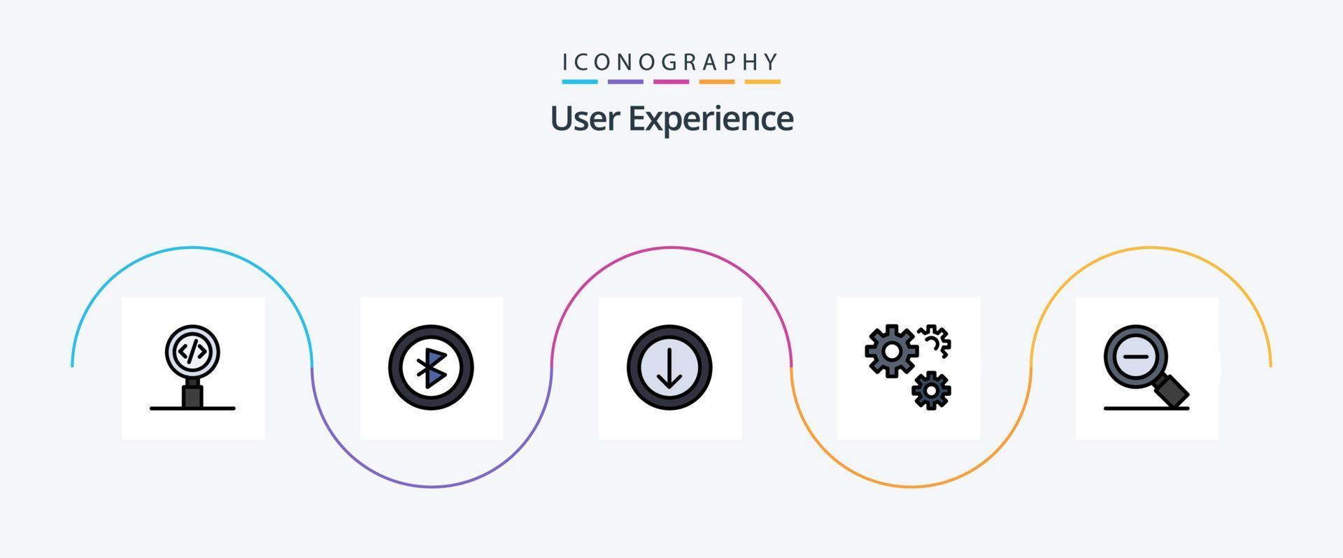 User Experience Line Filled Flat 5 Icon Pack Including magnifying glass. less. arrow. service. gears vector