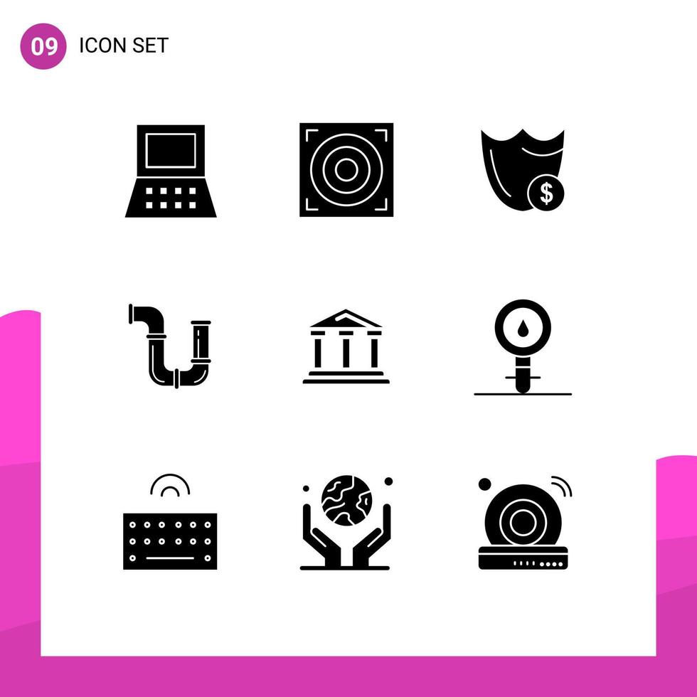 Editable Vector Line Pack of 9 Simple Solid Glyphs of bank tools safety repair pipe Editable Vector Design Elements