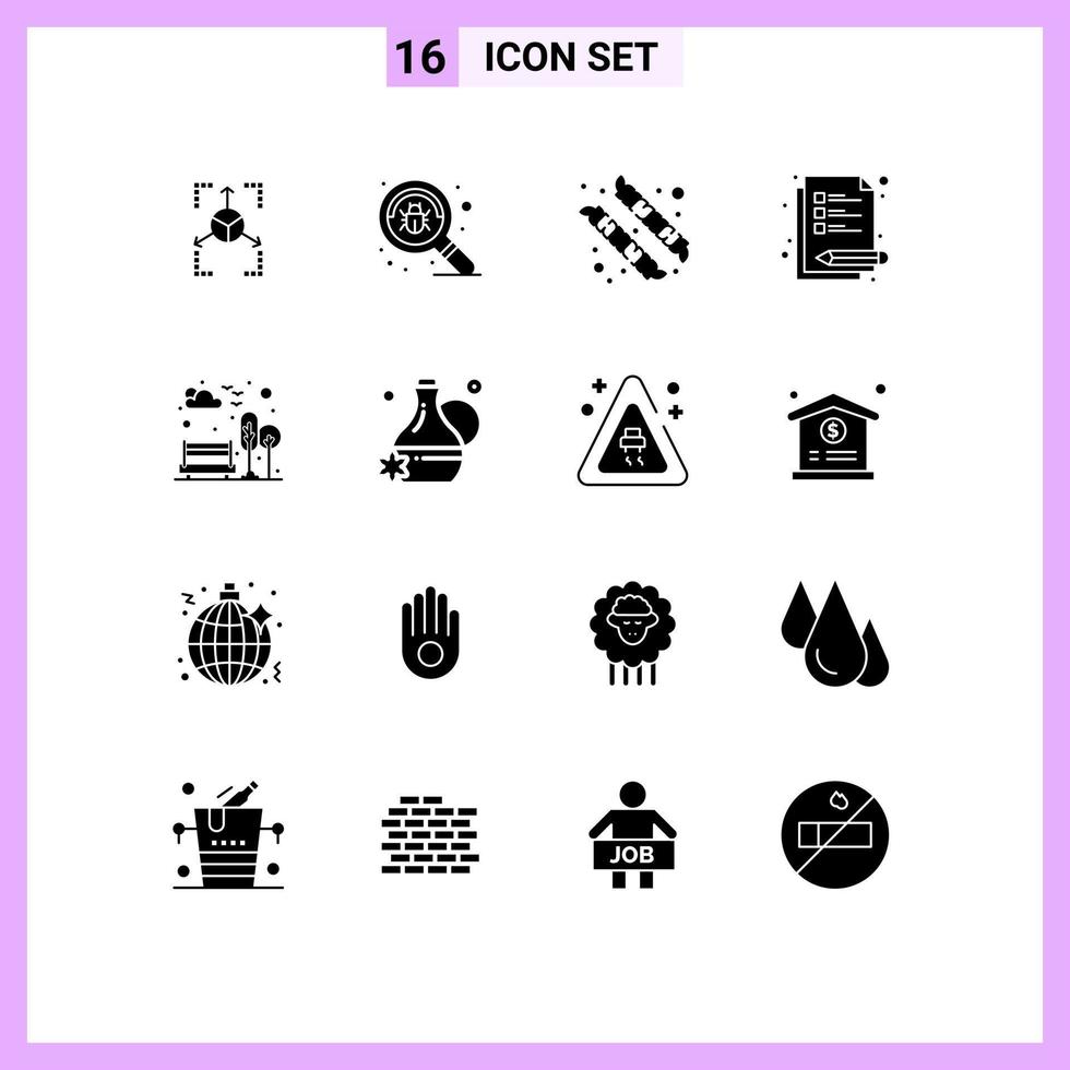 Modern Set of 16 Solid Glyphs Pictograph of tree city camping bench notes Editable Vector Design Elements