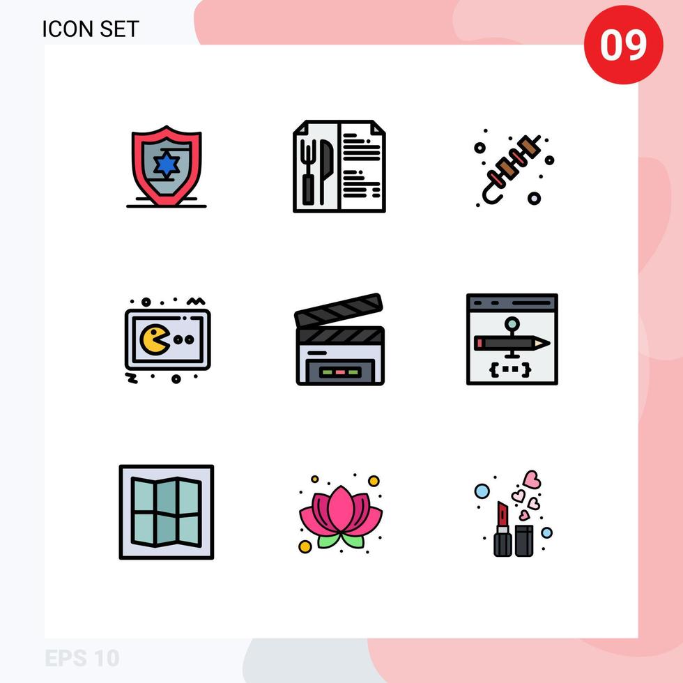 9 Thematic Vector Filledline Flat Colors and Editable Symbols of clapper console brochette gamepad game Editable Vector Design Elements