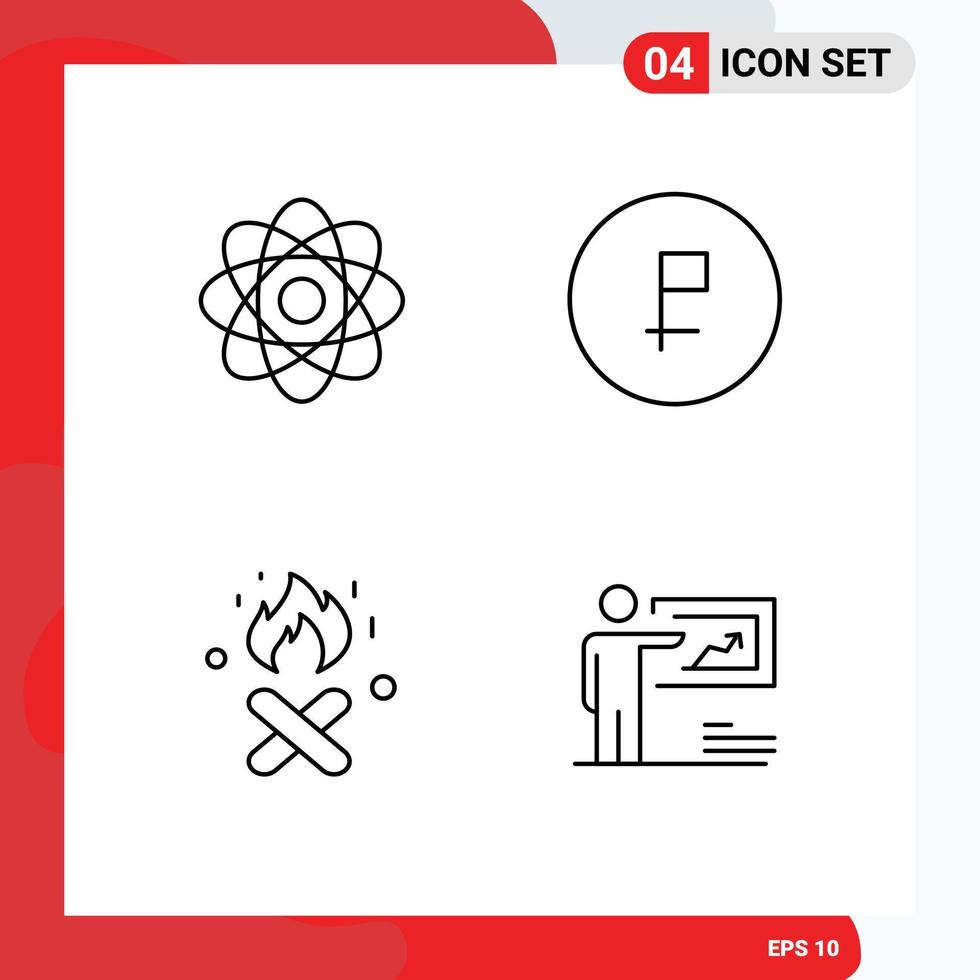 Pack of 4 creative Filledline Flat Colors of atom fire laboratory currency canada Editable Vector Design Elements